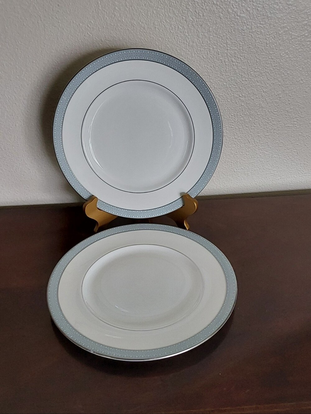 Royal Doulton Vintage White Dinner Plates with Pale Blue and Silver Band 1 Pair